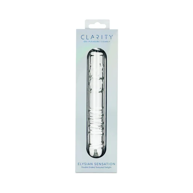 Clarity Elysian Sensation clear fine-ribbed glass dildo in box