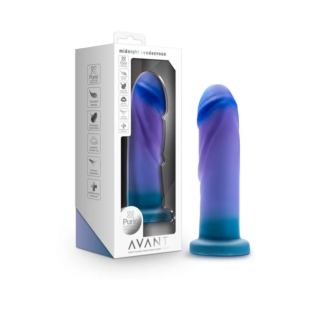 Avant Midnight Rendezvous blue-purple gradient dildo beside white window box