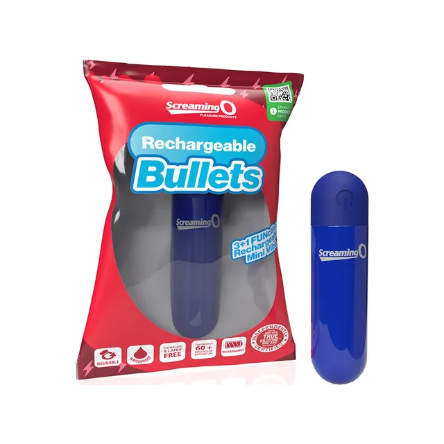 blue Screaming O rechargeable bullet vibrator beside red hanging pouch