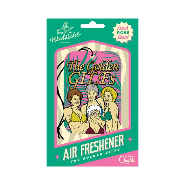 Wood Rocket Golden GILFs fresh-rose air freshener front retail card with retro trio illustration