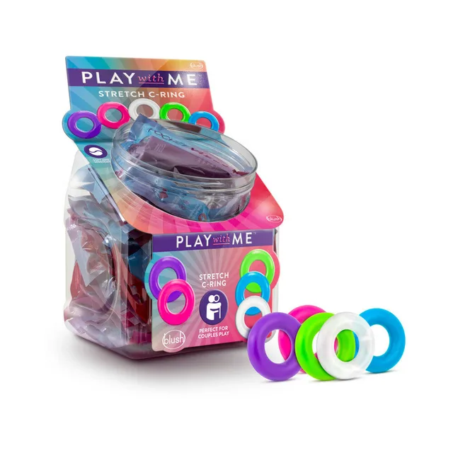 Clear display tub of assorted Play With Me stretch C-rings