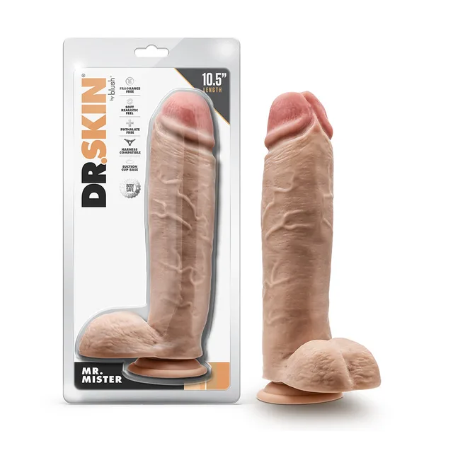 Blush Dr. Skin Mr. Mister beige 10.5-inch TPE dildo beside front retail package
