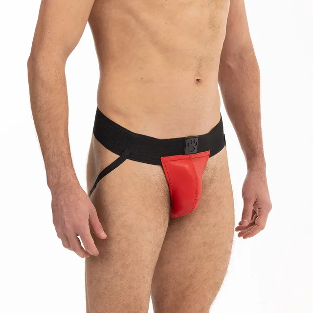 Angled front view of XL black and red Prowler RED pouch jock
