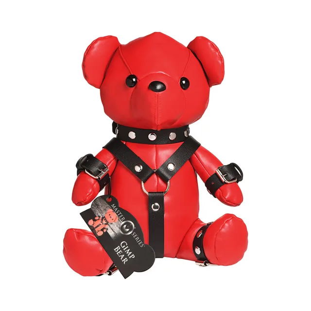 XR Brands Master Series red Gimp Bear plush wearing black studded hood harness cuffs and collar