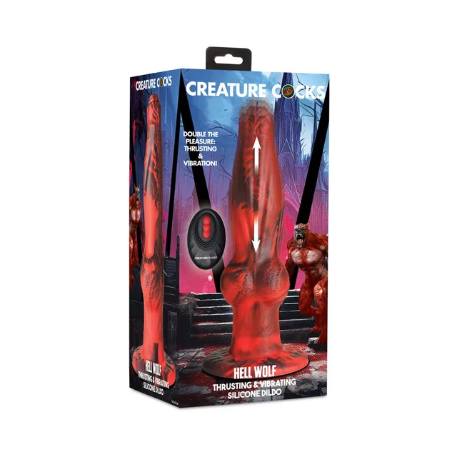 Creature Cocks Hell Wolf red thrusting dildo with black oval remote pictured on illustrated retail box