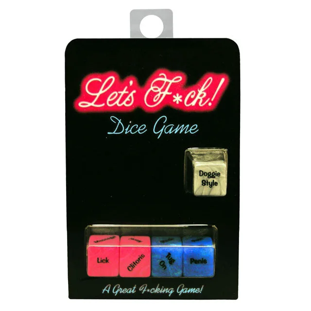 black Let’s Fuck dice game card holding four small color-coded dice