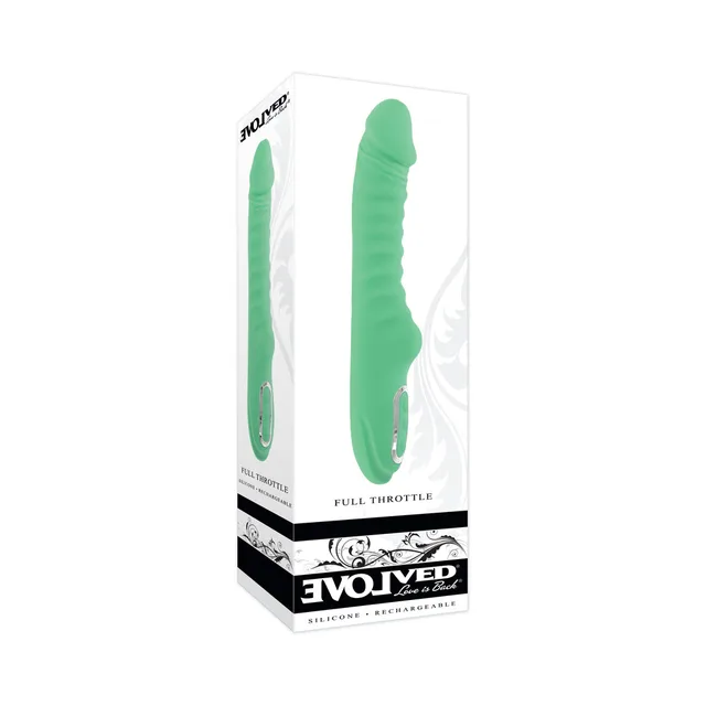 Evolved Full Throttle mint-green vibrator pictured in clear retail box