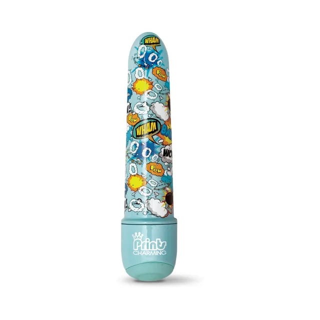 Front view of blue Pop Tease Bang comic-print vibrator