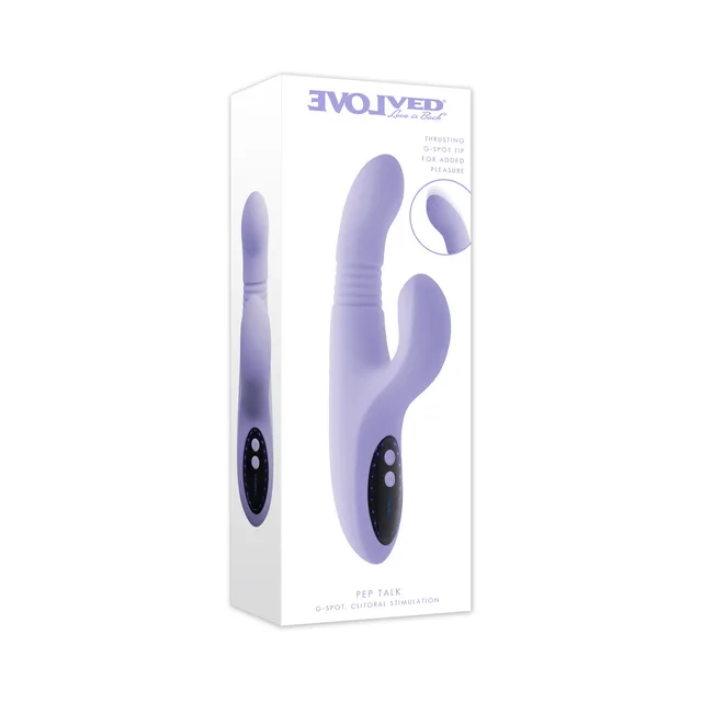 Light-purple Evolved Pep Talk dual-arm vibrator in white retail box