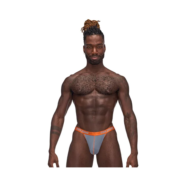 Close front view of gray with orange trim Male Power Casanova Uplift Micro thong