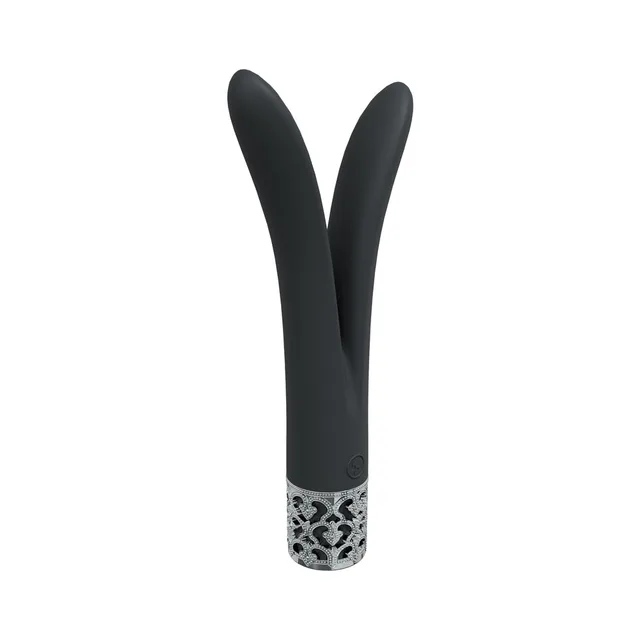 black Royal Gems Dueling Queens vibrator with two long arms and silver base
