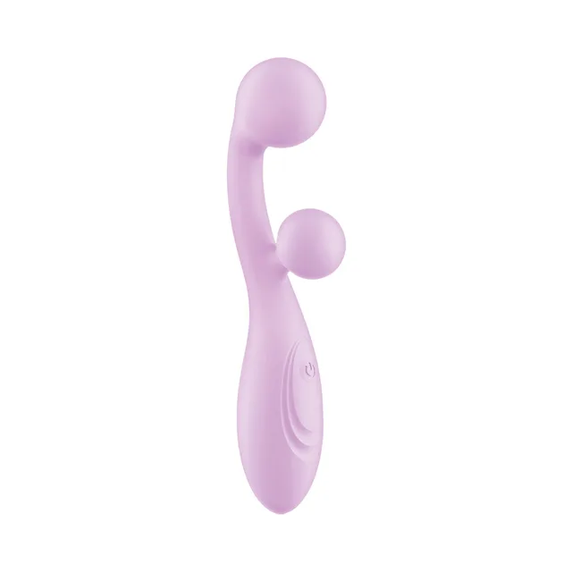 Nasstoys Sorbet lavender dual-head curved massager upright front view with long arm and smaller rounded side arm