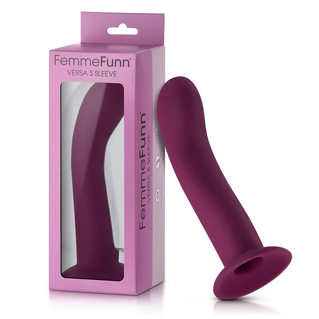 Dark fuchsia FemmeFunn Versa S curved sleeve with suction base beside box