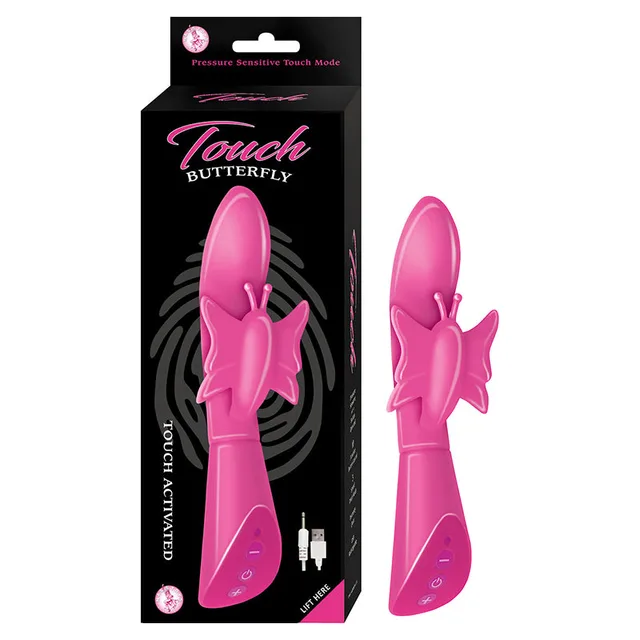 Pink Touch Butterfly vibrator with butterfly sleeve beside black box and cable