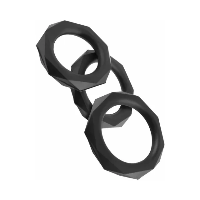 Pipedream Fantasy C-Ringz Black Rings 3 Piece three faceted rings overlapping on white