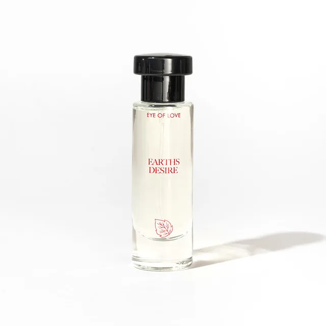 single Earth’s Desire glass parfum bottle with black cap on a white surface
