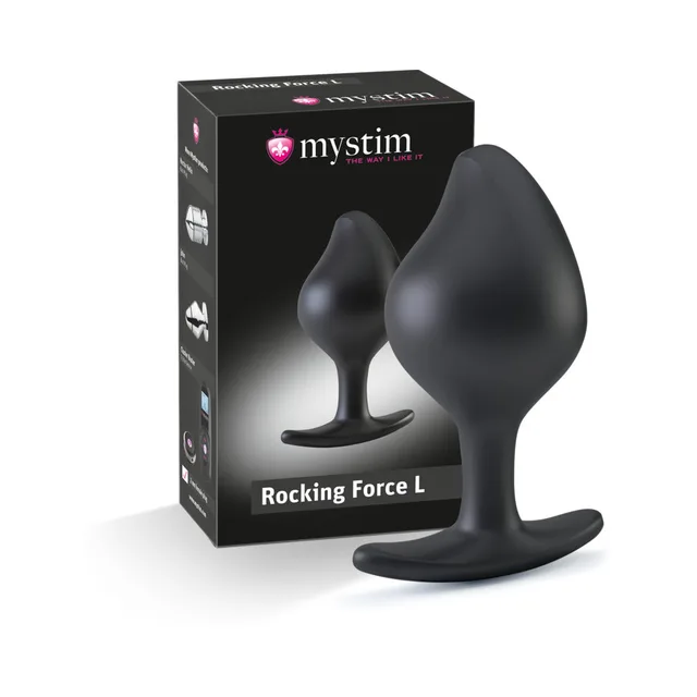large black Mystim Rocking Force plug with broad tapered body and curved base beside box