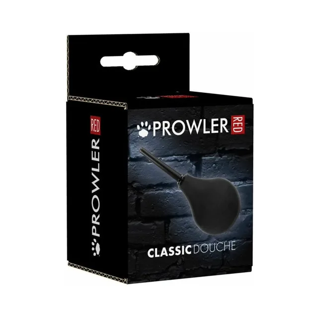Prowler RED small black bulb douche pictured with rounded nozzle on Classic Douche brick-pattern retail box