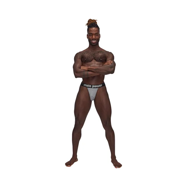 Full front view of model wearing gray Sexagon Strappy Ring jock
