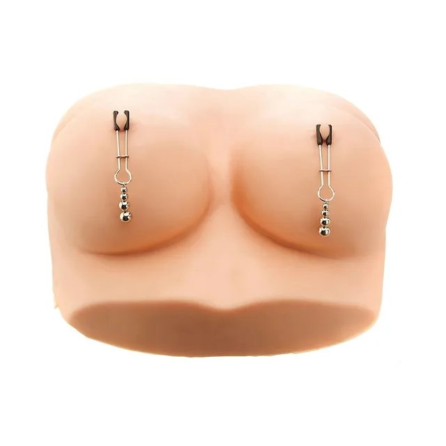 Adam & Eve silver weighted nipple clips pair attached to mannequin torso