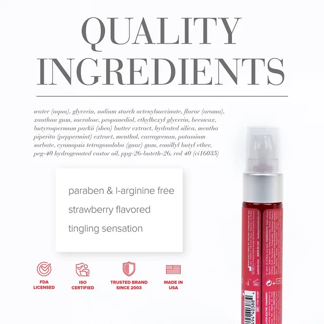 System JO Strawberry Gel 1 oz ingredient panel graphic beside bottle