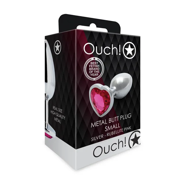 Shots Ouch small silver metal butt plug with pink heart gem angled front retail package