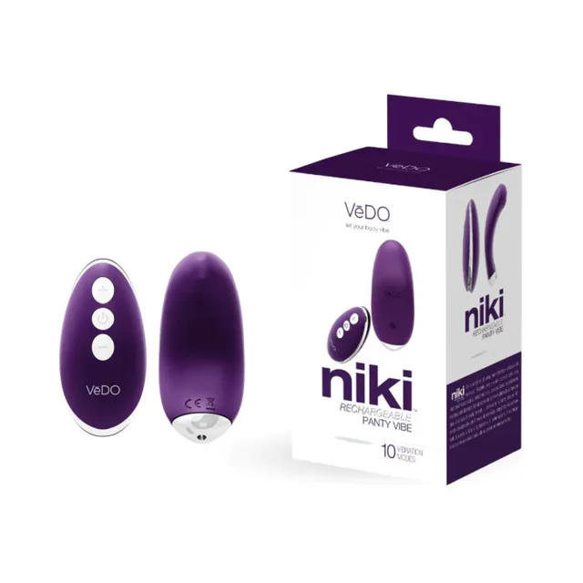 Deep purple VeDO Niki vibrator remote and retail carton