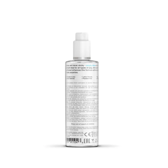 Rear label on Wicked Simply Aqua transparent pump bottle