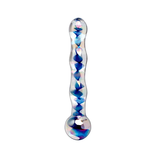 Full view of Icicles No. 8 glass dildo with blue and purple swirls