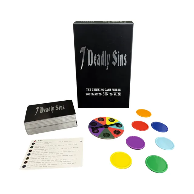 7 Deadly Sins game box with cards, spinner, rules and colored chips