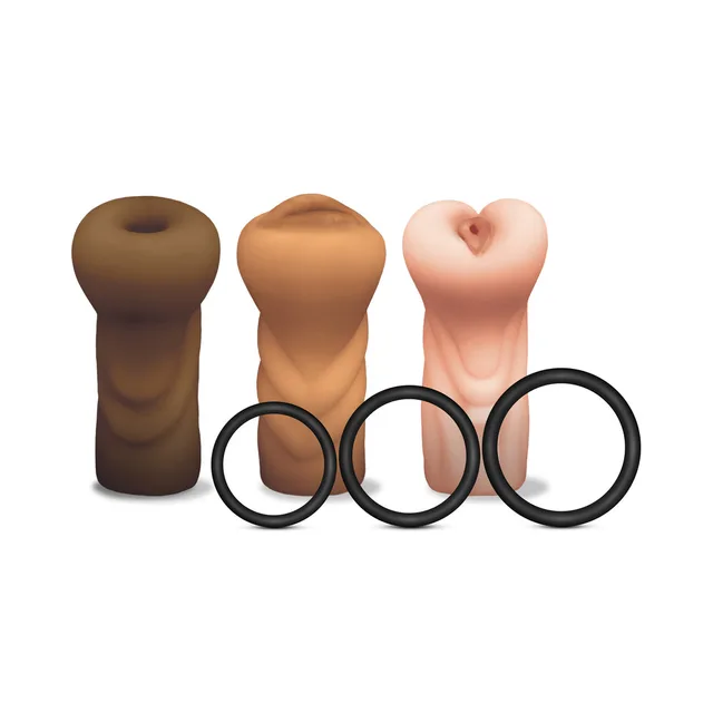 Brown, tan and pink Mstr B8 sleeves beside three black rings