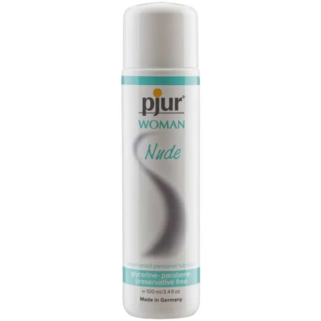 Pjur Woman Nude 100 ml white cylindrical bottle with silver teal front label