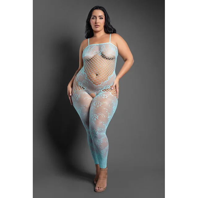 Front view of Dream of Me light blue Queen patterned bodystocking