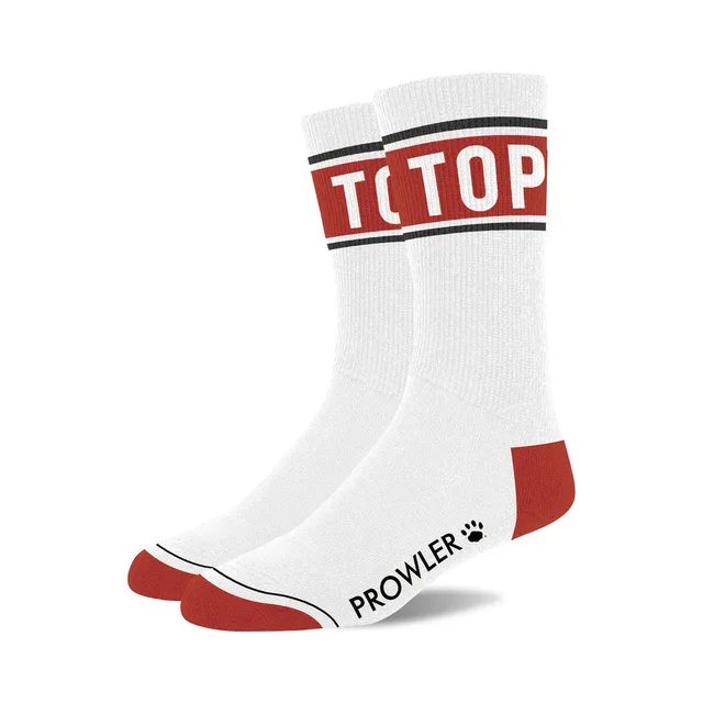 Prowler Top white cotton crew socks pair with red TOP cuff lettering red heels and red toes