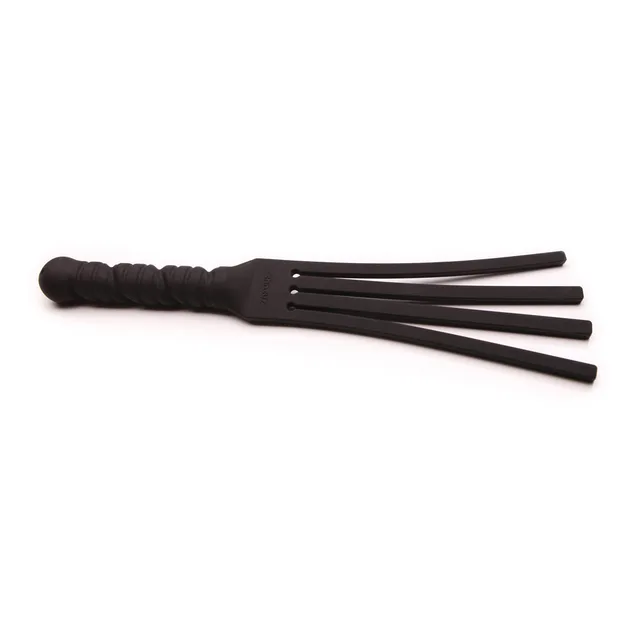 Side view of black four-tail tawse paddle laid horizontally