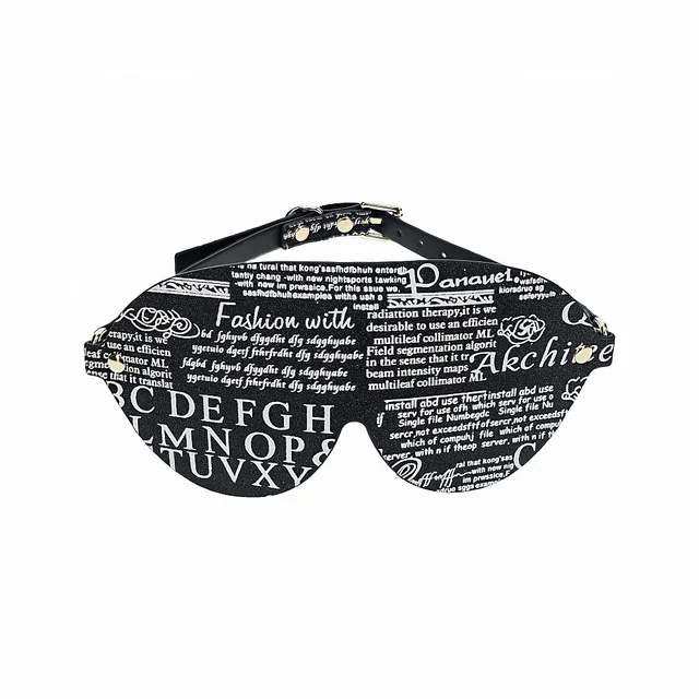 black New York text-print blindfold with contoured eye panel and buckle strap