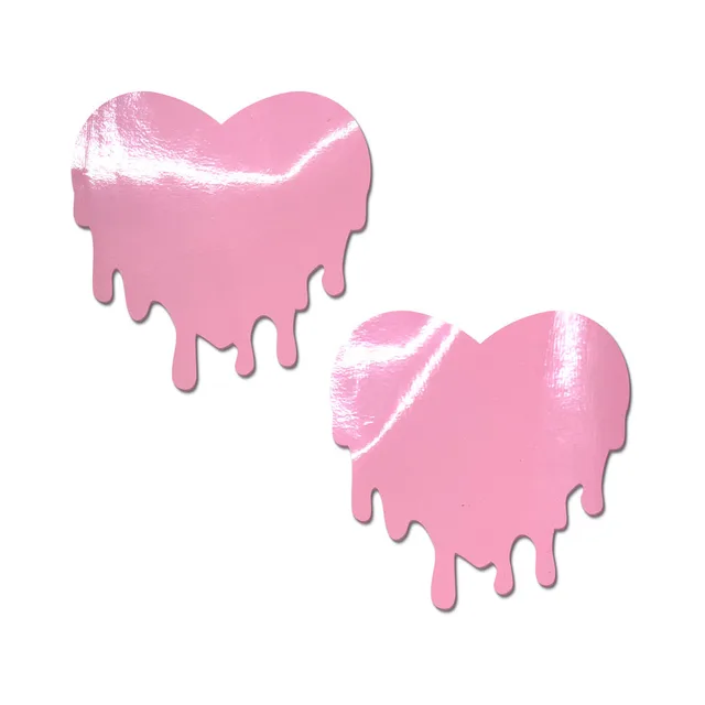 pair of glossy baby-pink faux-latex heart nipple pasties with dripping lower edges