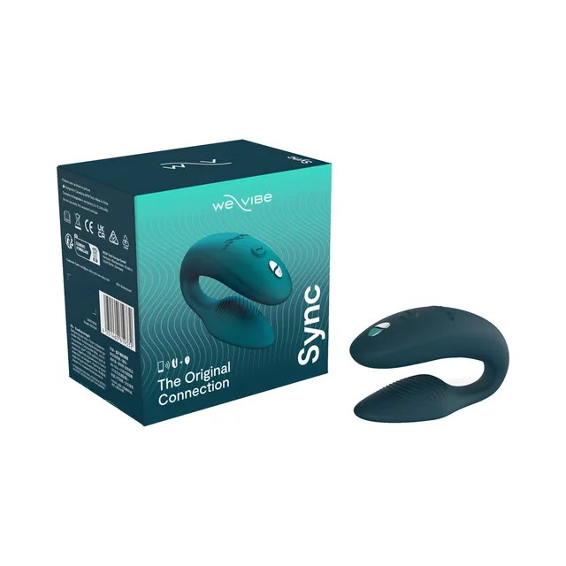 Green Velvet We-Vibe Sync 2 beside teal retail box