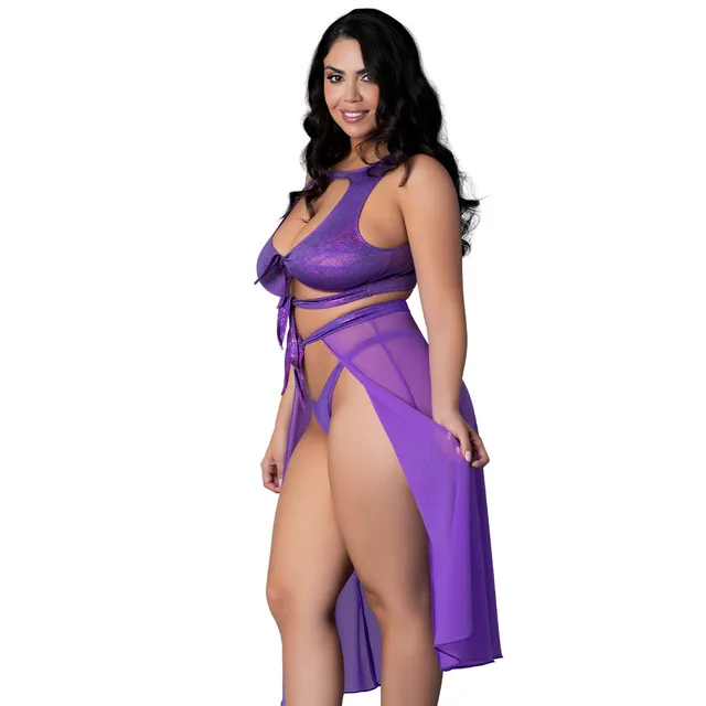 Glimmer Queen purple high-neck crop top set side view worn by model with skirt open