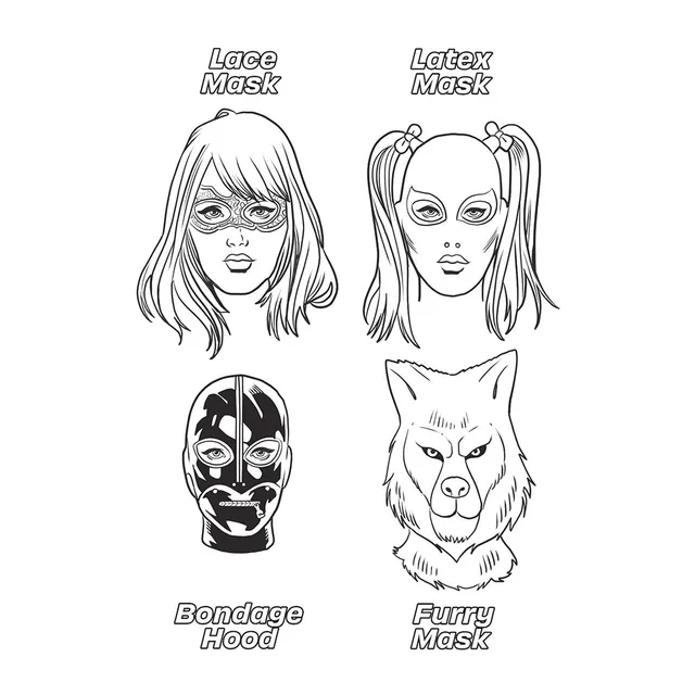 Coloring page with four labeled mask and hood illustrations