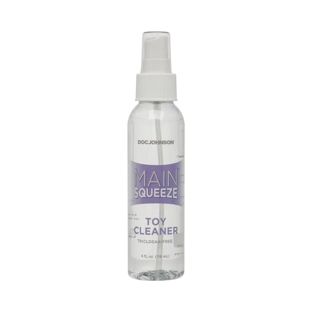 Doc Johnson Main Squeeze Toy Cleaner 4 oz slim clear pump bottle with purple label