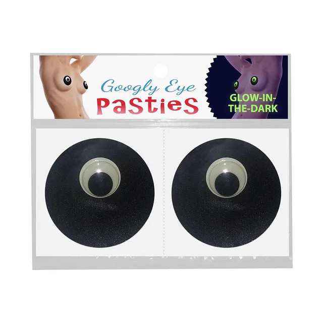 pair of black circular glow-in-the-dark pasties with movable googly eyes