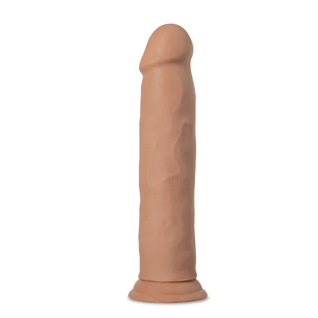 Upright front view of tan Carlos dildo and round base