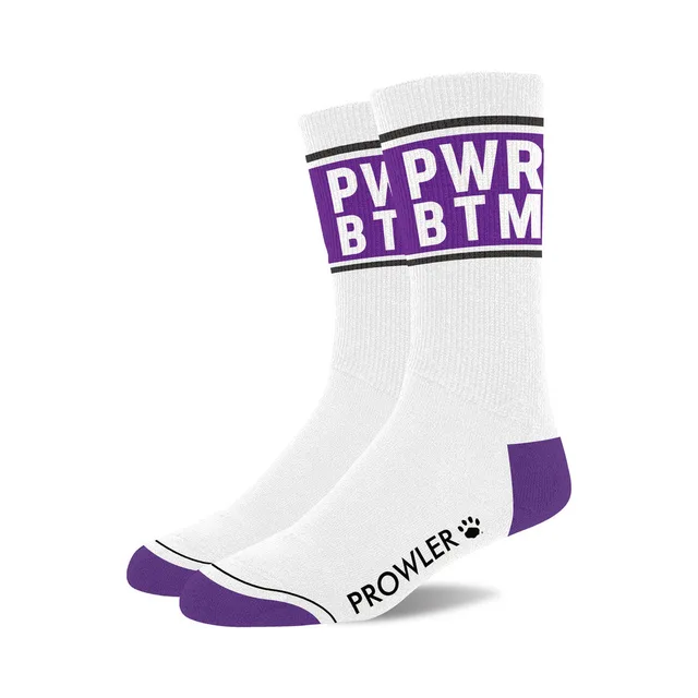 Prowler Power Bottom white cotton socks pair with purple PWR BTM cuffs purple heels and purple toes