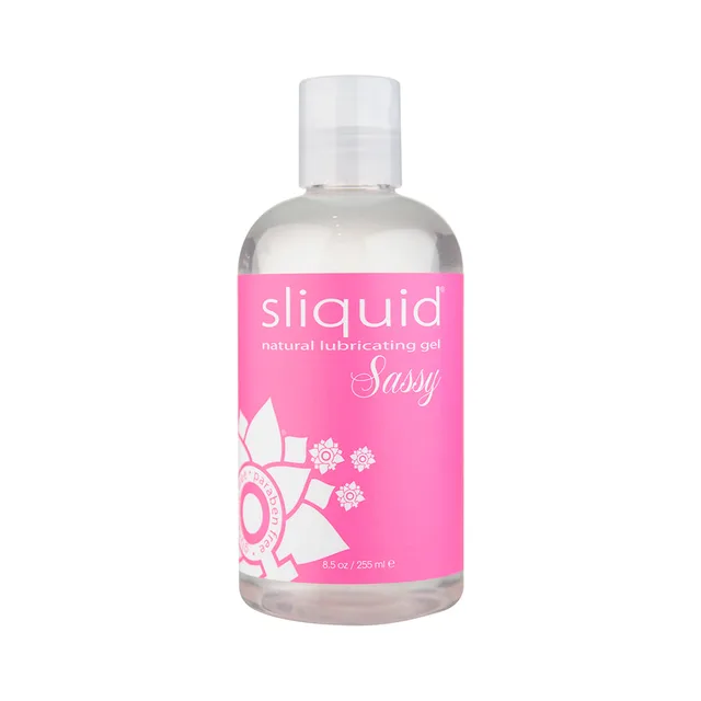 Clear 8.5 oz Sliquid Sassy gel bottle with white cap and pink label