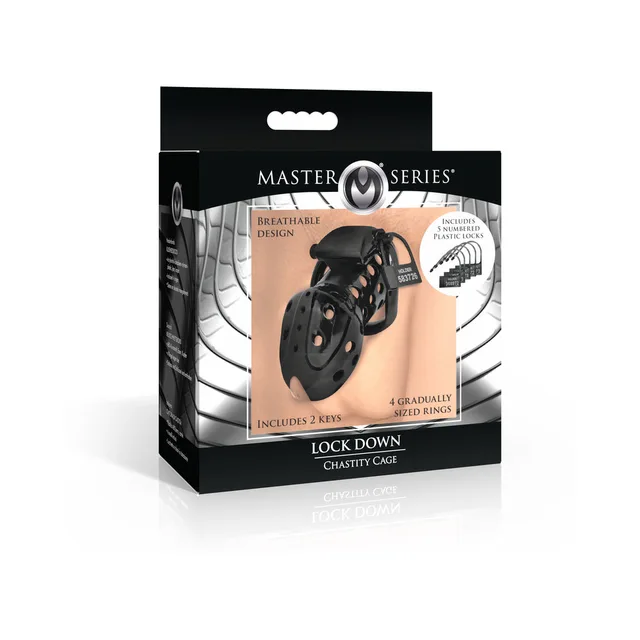 XR Brands Master Series Lock Down black vented chastity cage with rings pictured in silver retail box