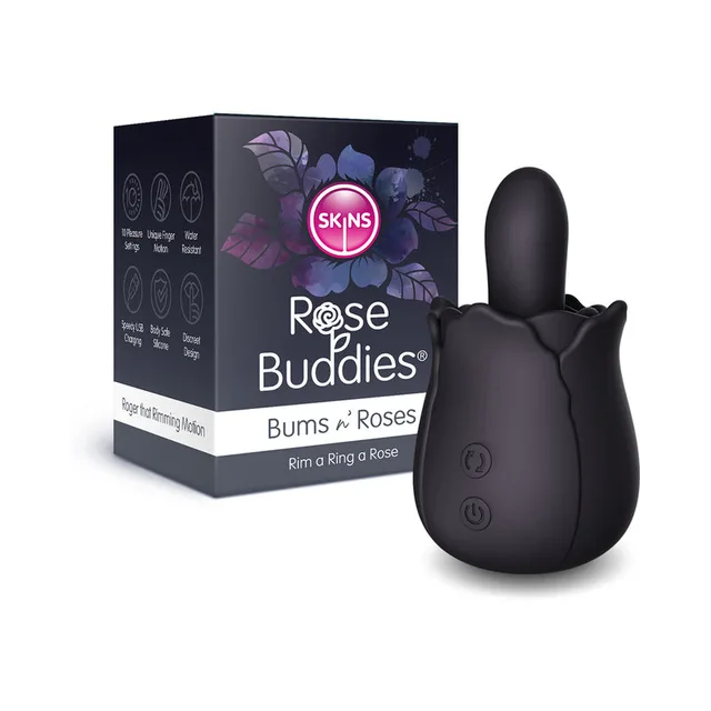 black Skins Rose Buddies Bums N Roses vibrator with raised tongue and retail box