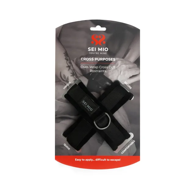SEI MIO Cross Purposes black cross cuffs on gray hanging card