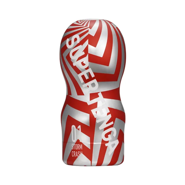 TENGA Super Storm Crash red and white stroker upright hourglass shell with white base cap