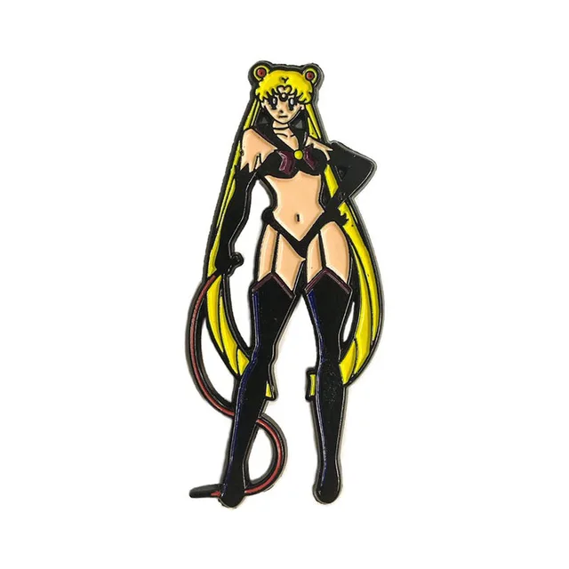 Mistress Guardian enamel pin with long yellow hair, black outfit and red cord